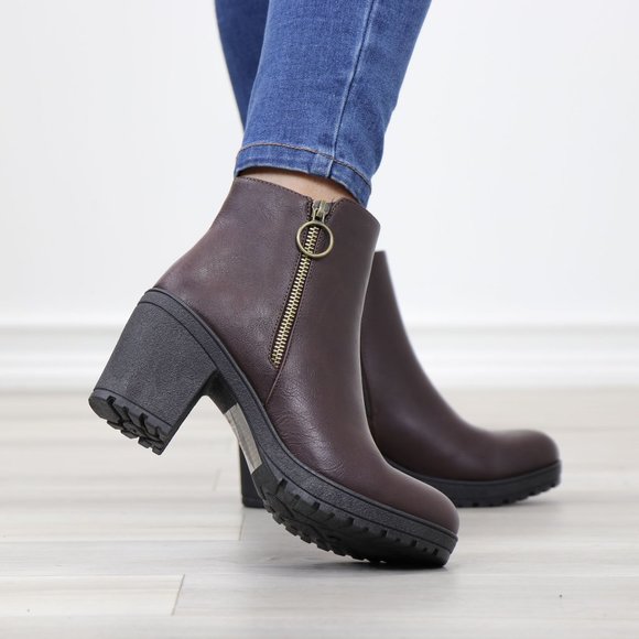 Brown Synthetic Leather Chunky Lug Block Heel Round Toe Ankle Boots - Picture 10 of 11